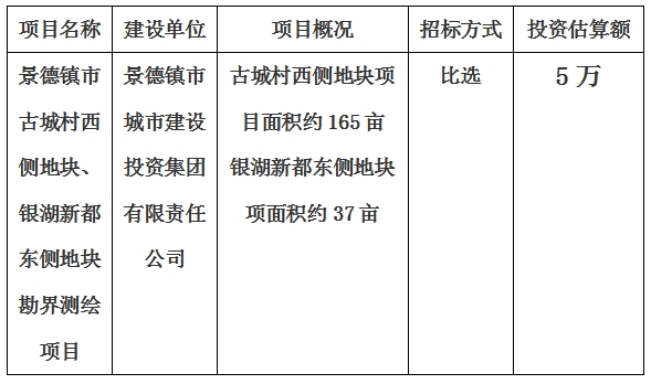 景德鎮(zhèn)市古城村西側地塊、銀湖新都東側地塊勘界測繪項目計劃公告
