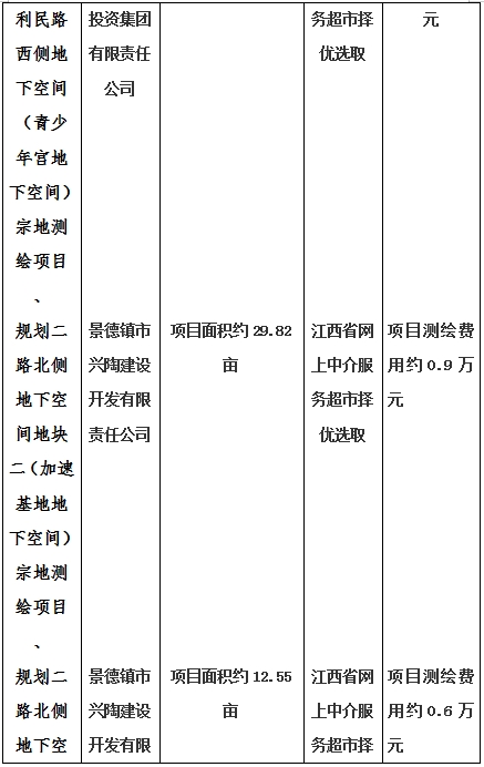 景德鎮(zhèn)市昌南新區(qū)LJ1-03-A01-1地塊、瓷都大道東側(cè)中渡口地下空間（格蘭云天大酒店地下空間）、光明大道北側(cè)利民路西側(cè)地下空間（青少年宮地下空間）、規(guī)劃二路北側(cè)地下空間地塊二（加速基地地下空間）、規(guī)劃二路北側(cè)地下空間地塊一（加速基地地下空間）、景德大道南側(cè)天寶橋西側(cè)地塊、景興大道東側(cè)如意路北側(cè)地下空間(社會(huì)公共服務(wù)