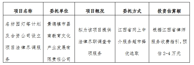 名坊園燈塔計劃及合資公司設(shè)立項目法律盡調(diào)服務(wù)計劃公告