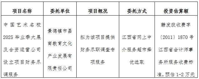 中國(guó)藝術(shù)名校2025畢業(yè)季大展及合資運(yùn)營(yíng)公司設(shè)立項(xiàng)目財(cái)務(wù)盡調(diào)服務(wù)計(jì)劃公告